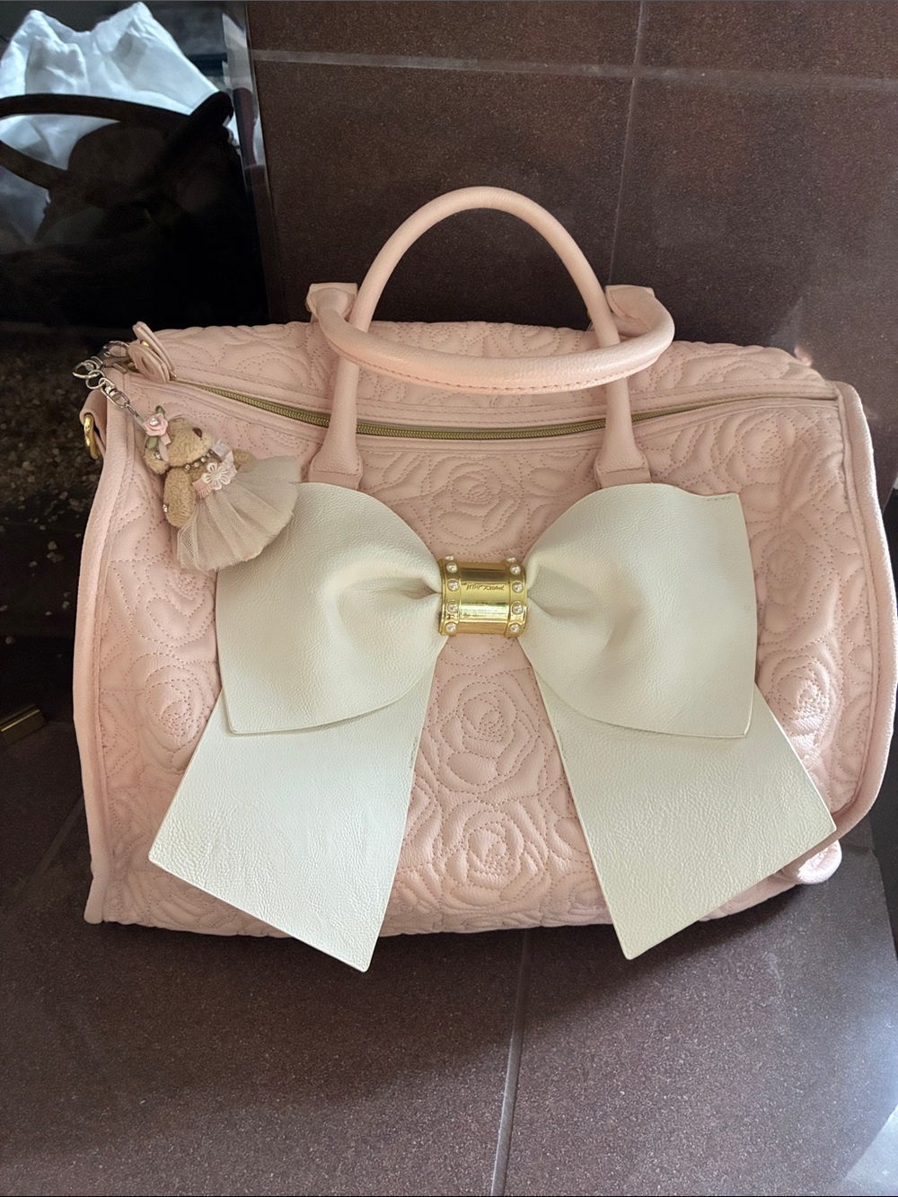 Betsey Johnson Blush Pink Quilted Travel Bag with White Bow & Gold Hardware